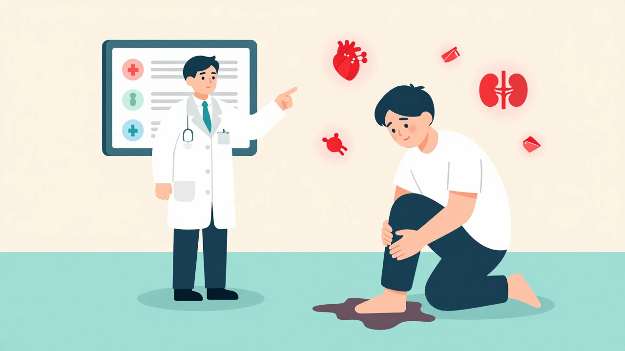 Pharmacist warning a patient about drug interactions as dark urine spreads beneath them.