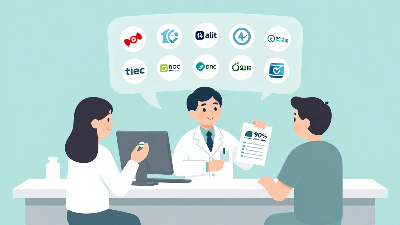 Pharmacy scene with patient, pharmacist, and multiple generic manufacturer logos, illustrating widespread use.