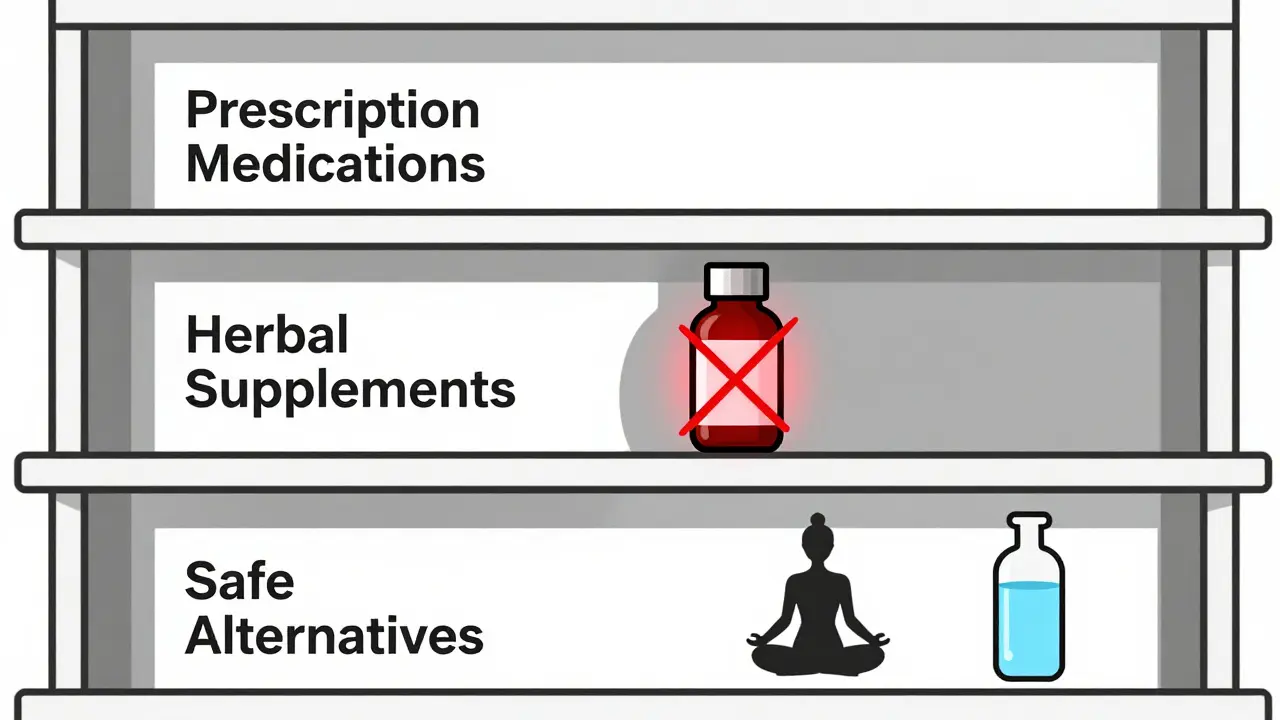 Pharmacy shelf with kava bottle slashed in red, contrasted with safe alternatives like therapy and yoga.