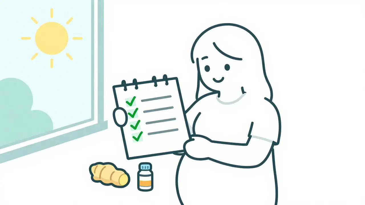 Pregnant person tracking nausea improvement in a journal with ginger and meds nearby.