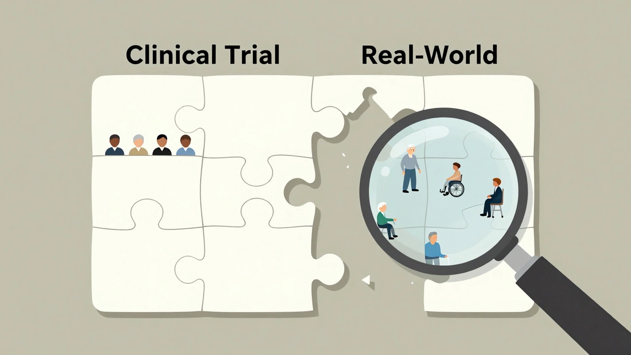 Puzzle pieces representing clinical trial and real-world data, imperfectly aligned with diverse patients.