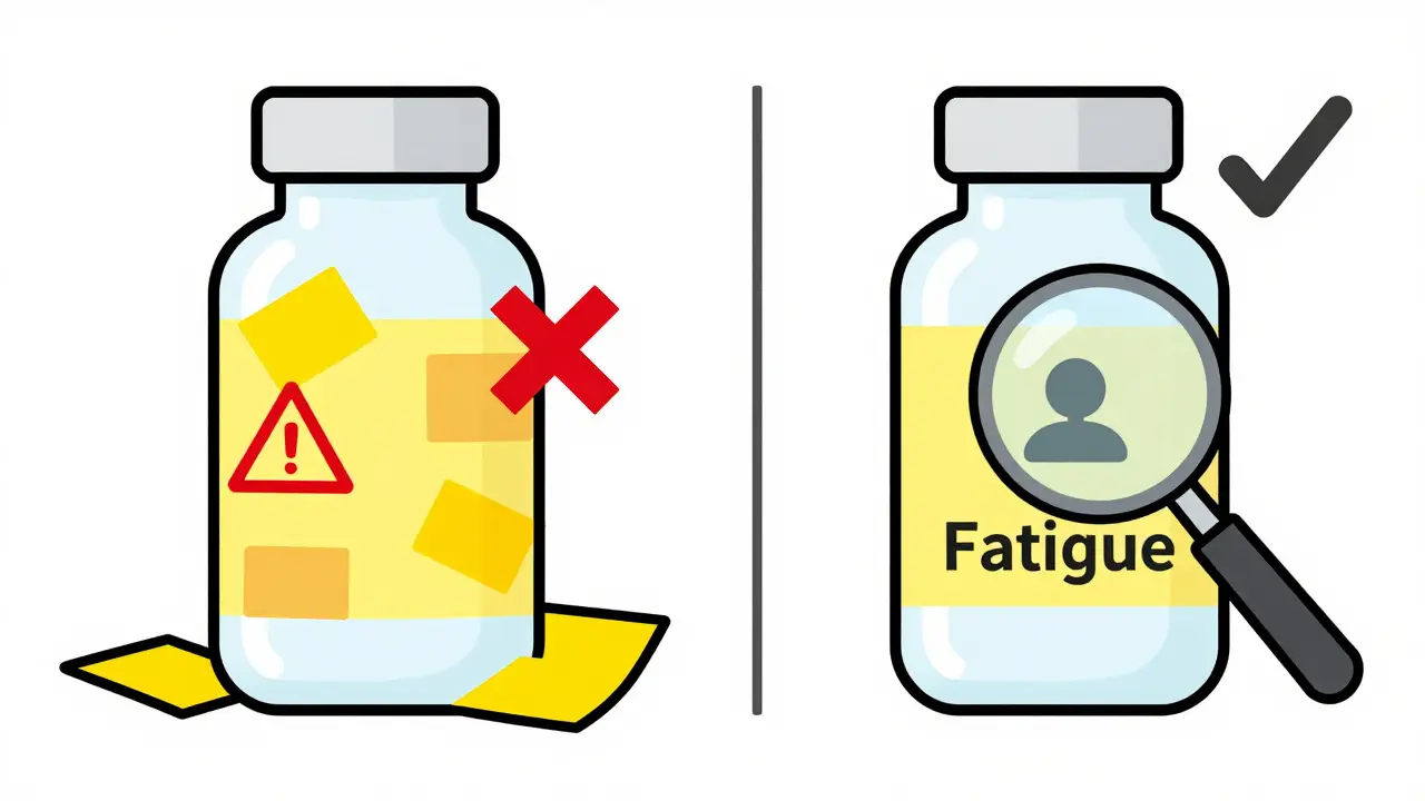 Side-by-side comparison: cluttered medicine bottle vs. clean single warning label with checkmark and X.
