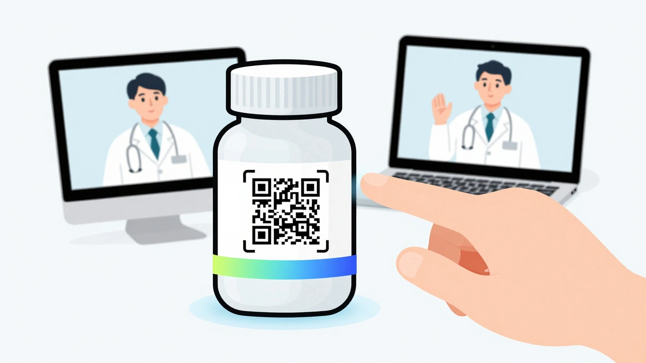 Smart pill bottle with QR code and temperature-sensitive band, hand preparing to scan it.