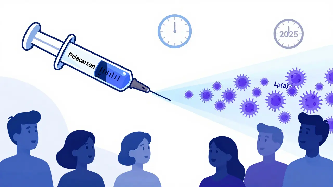 Syringe labeled Pelacarsen neutralizing Lp(a) particles in a blood vessel, 2025 clock in background