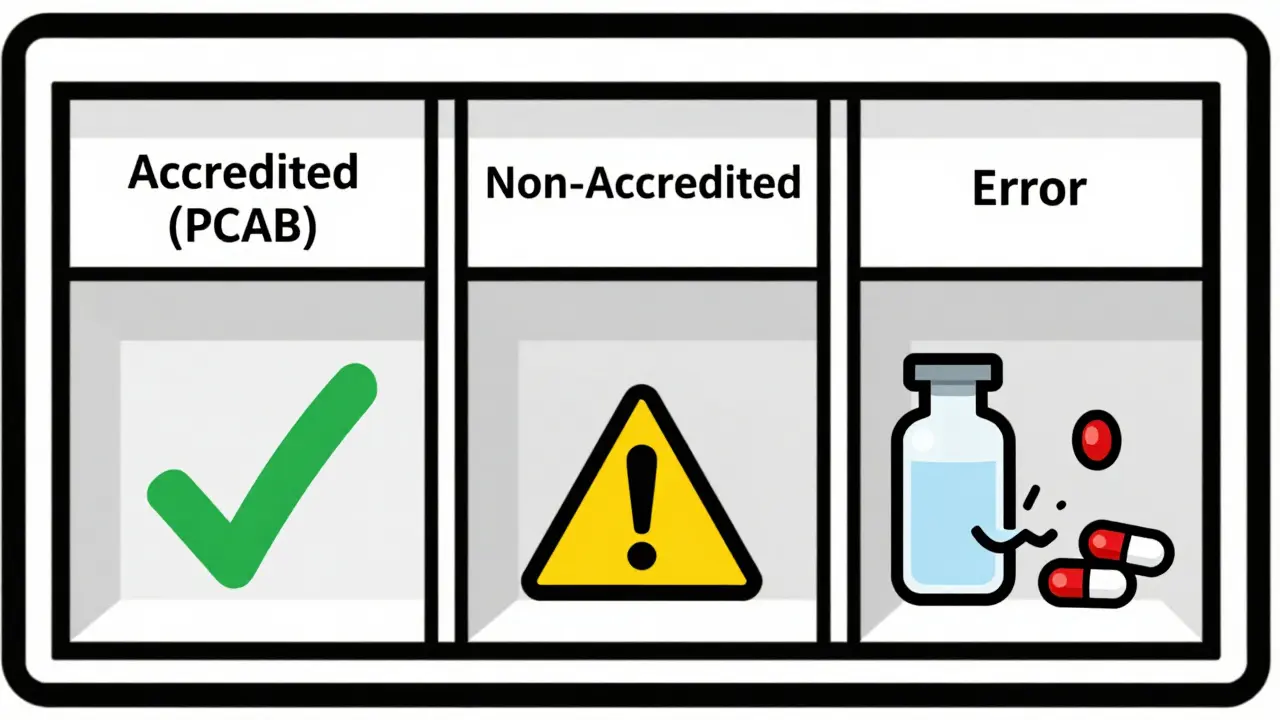 Three pharmacy shelf compartments showing accredited, non-accredited, and error states.