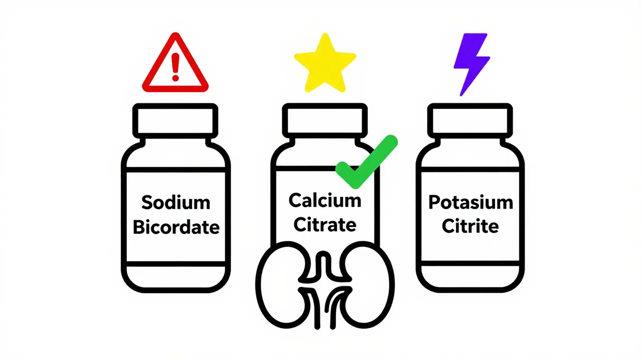 Three pill bottles representing alkali therapies with risk symbols, beside a shielded kidney icon.