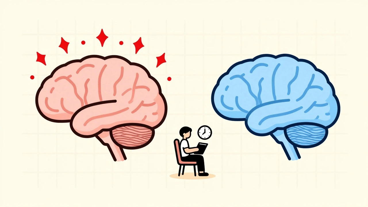 Two brain diagrams showing overactive vs calm nervous systems, with a person holding a journal between them.