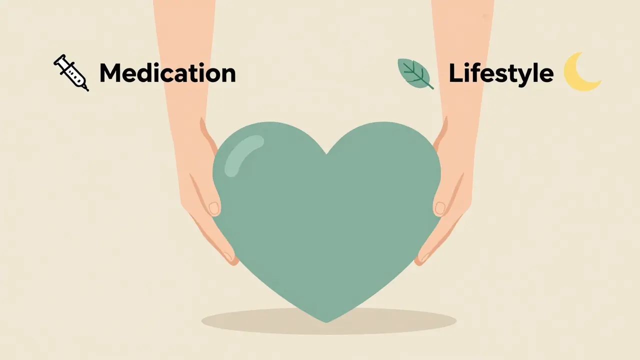 Two hands—medication and lifestyle—lifting a heavy heart, symbolizing combined health effort.