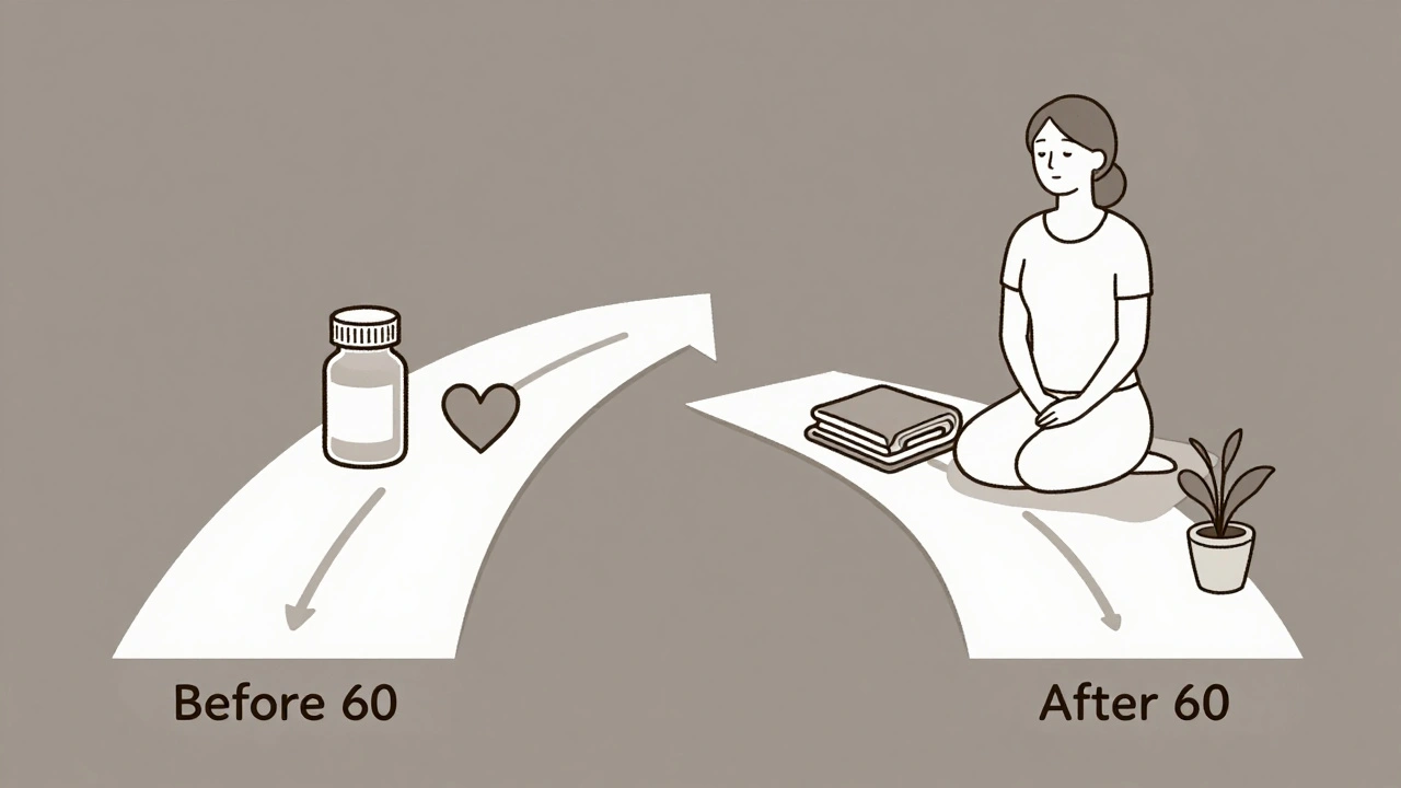 Two lifestyle paths leading to a calm woman in her 50s, representing hormone therapy versus natural alternatives.