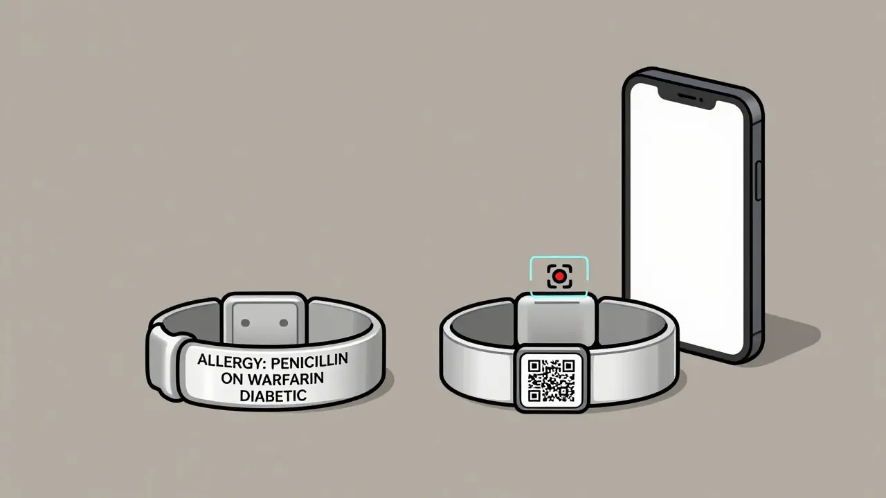 Two medical alert bracelets side by side: one engraved, one with QR code, beside a smartphone scanning the code.