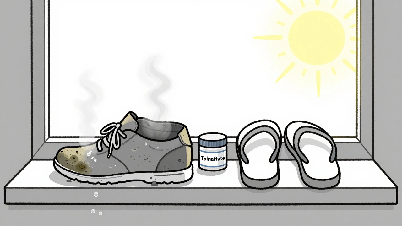 Two shoes side by side: one damp and infected, the other dry and aired out with antifungal powder nearby.