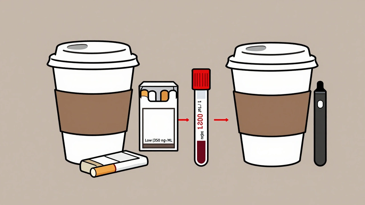 Two smoking alternatives beside blood test tubes showing low and dangerously high clozapine levels.