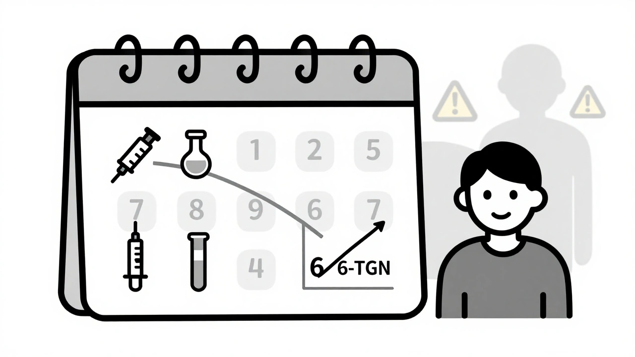 Weekly blood test calendar leading to improved liver enzymes and 6-TGN levels, symbolizing safe LDAA therapy.