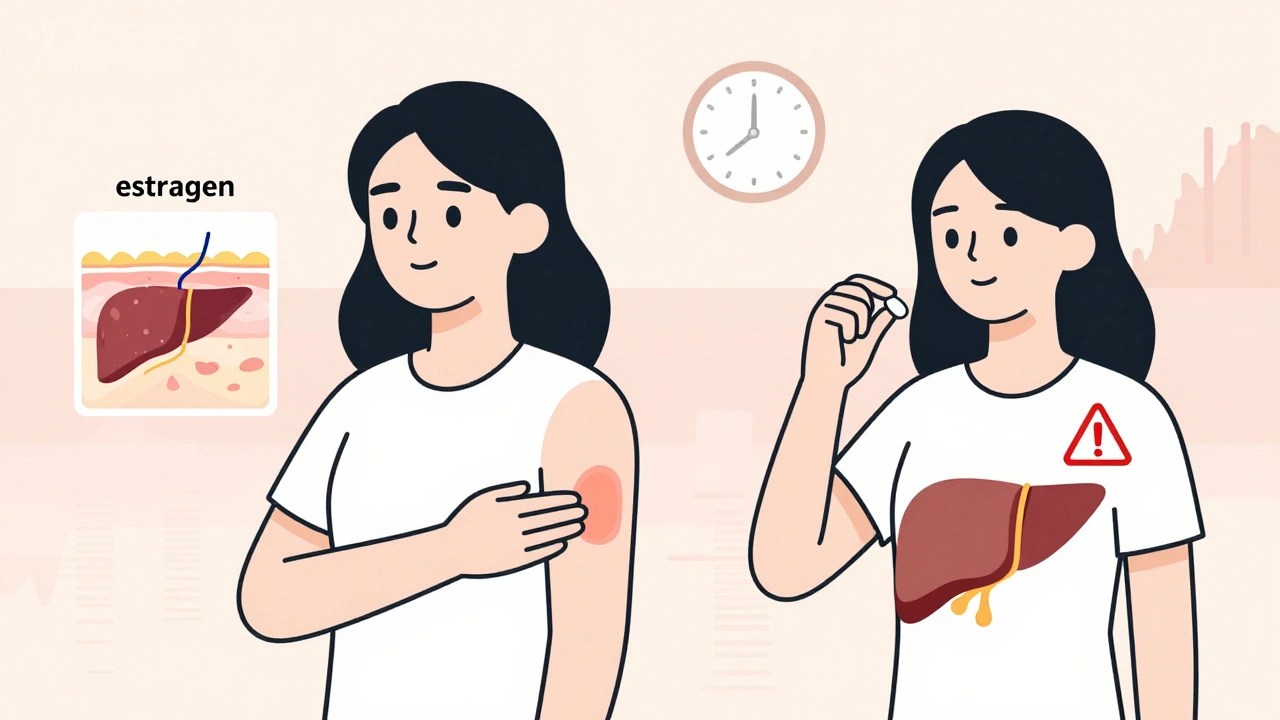 Woman using hormone patch with diagram showing safer delivery vs. pill with liver warning, symbolic clock and bone graph.