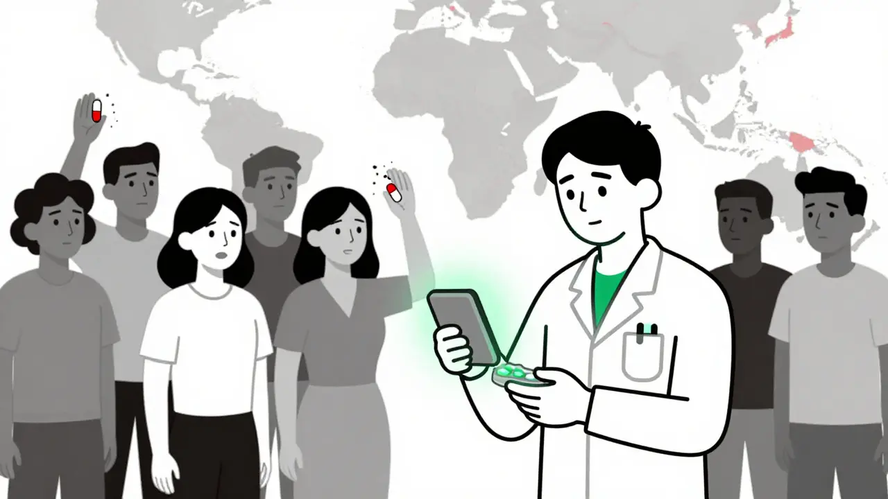 A health worker testing a pill with a glowing device as fake medicines crumble, representing community-based verification.