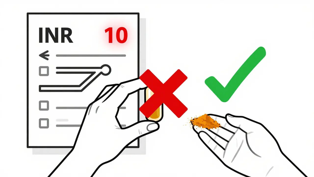 A person rejecting a turmeric supplement capsule but keeping culinary spice, with a high INR reading in background.