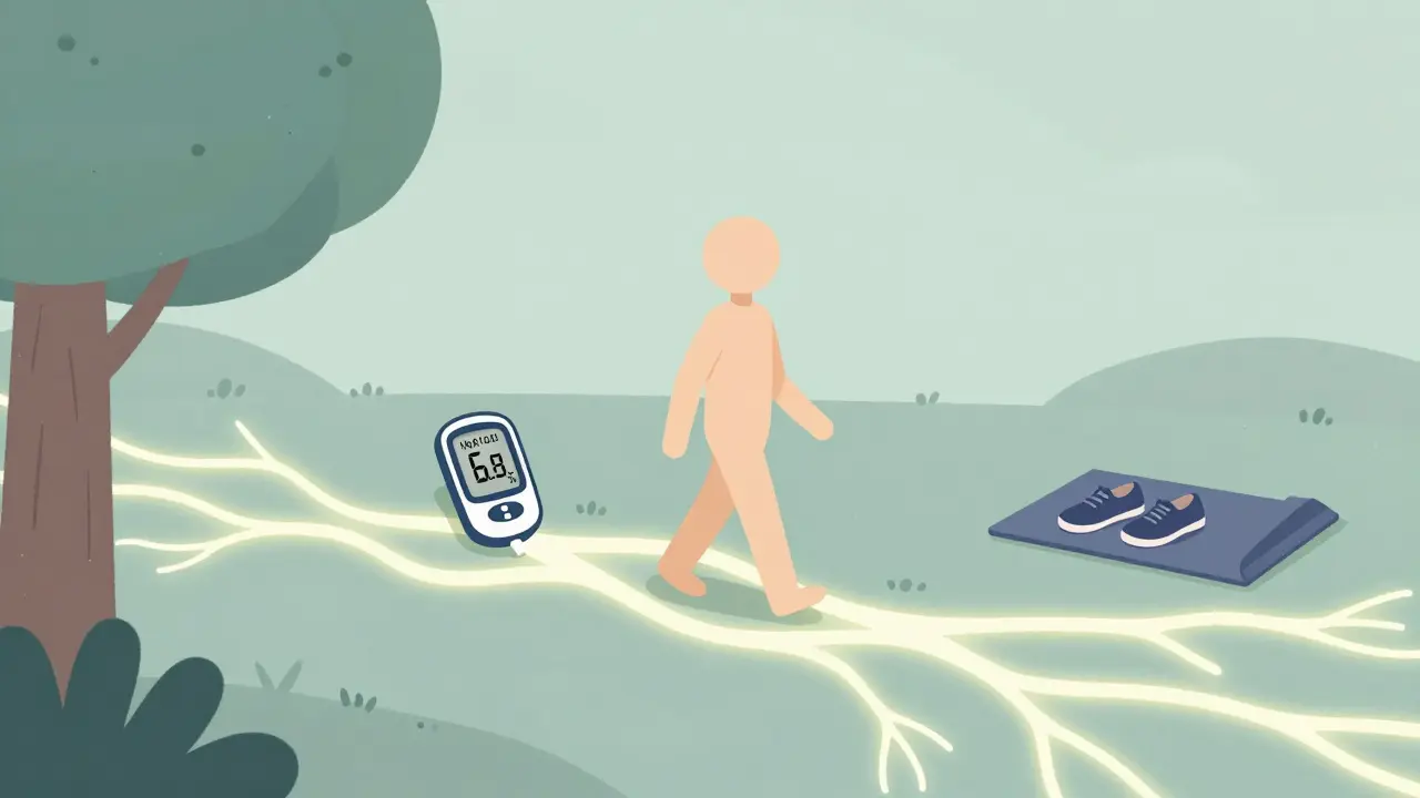 A person walking on glowing nerve pathways with an HbA1c reading of 6.8%, representing improved control.