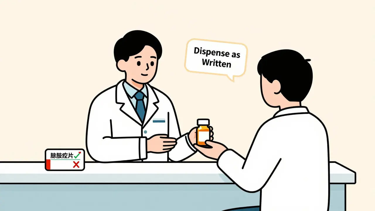 A pharmacist handing a generic medication to a patient, with a side-by-side comparison of brand and generic drugs.
