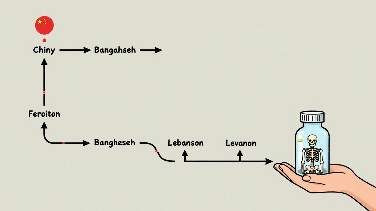 A supply chain of countries leading to a hollow pill bottle revealing a skeleton, showing how counterfeit drugs kill.