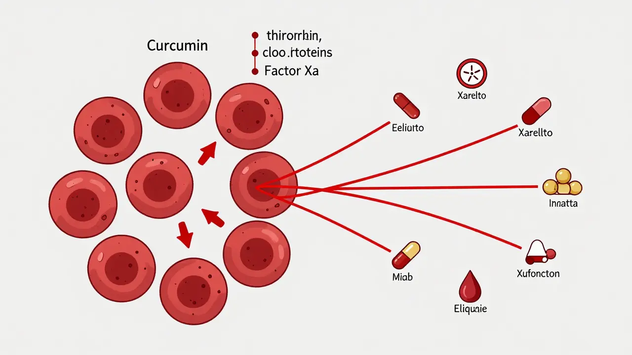 Blood cells with curcumin and blood thinner symbols slowing clotting processes.