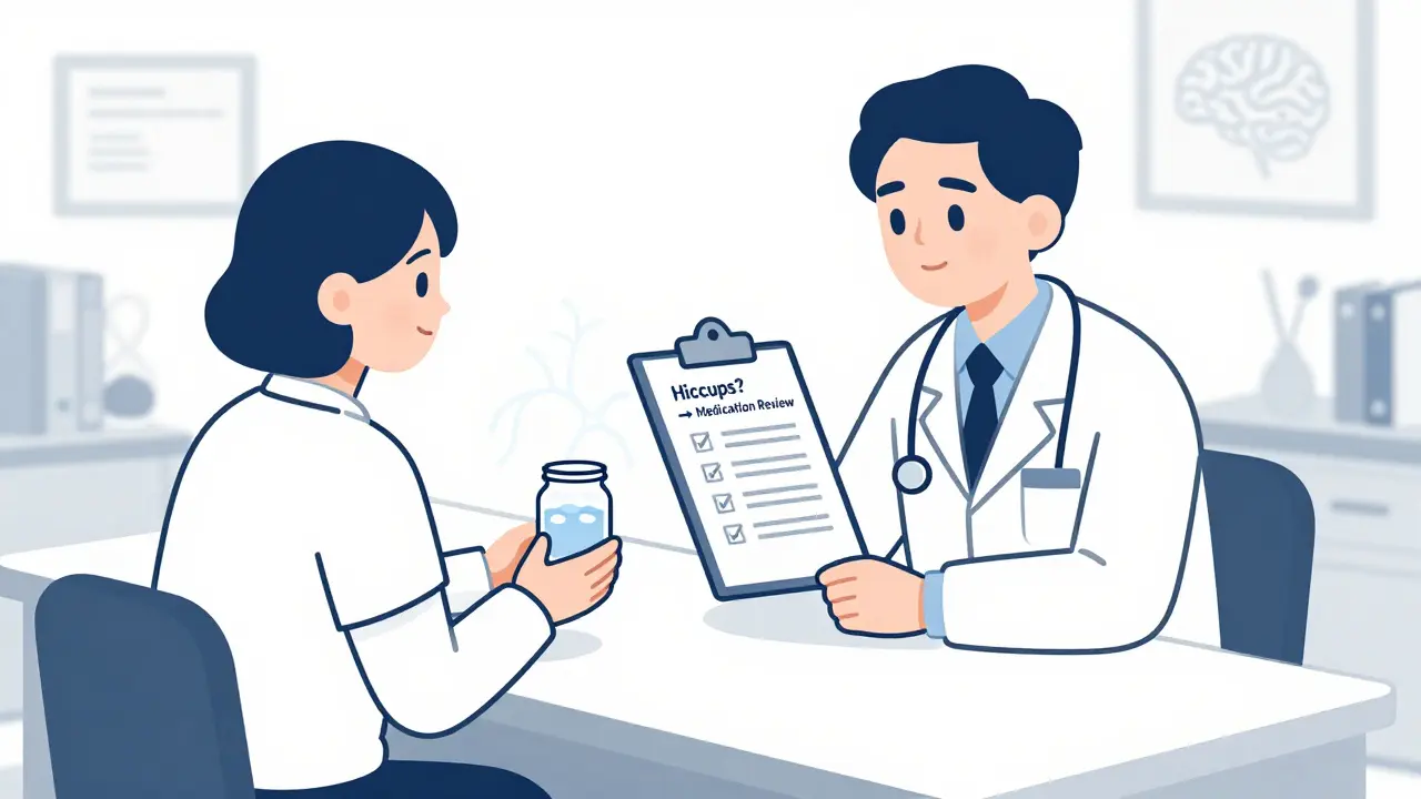 Doctor and patient discussing hiccups with sugar and ice water on the table.