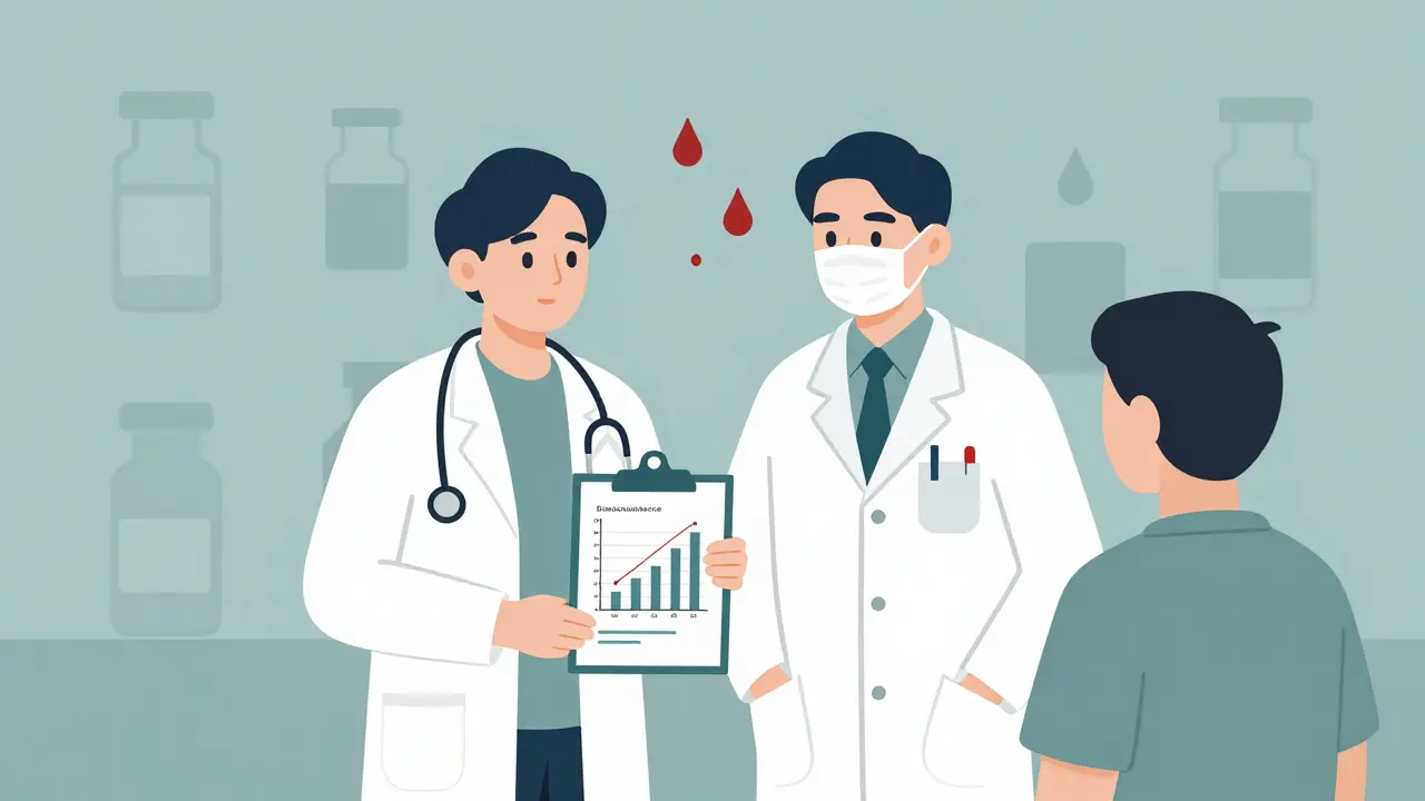 Doctor and pharmacist with bioequivalence graph beside a patient.