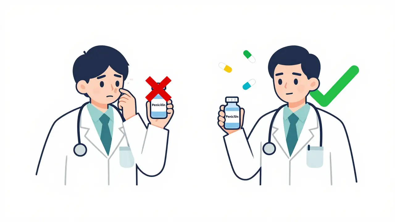 Doctor choosing penicillin over broader antibiotics, symbolizing reduced antibiotic resistance.