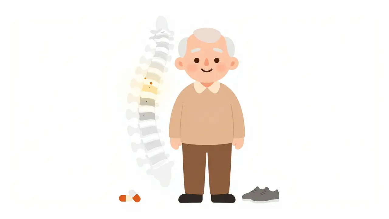 Elderly person standing tall with faint healed spine outline and icons of bone health nearby.
