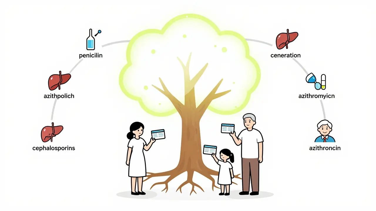 Family holding medical cards around a tree representing antibiotic options and health across life stages.