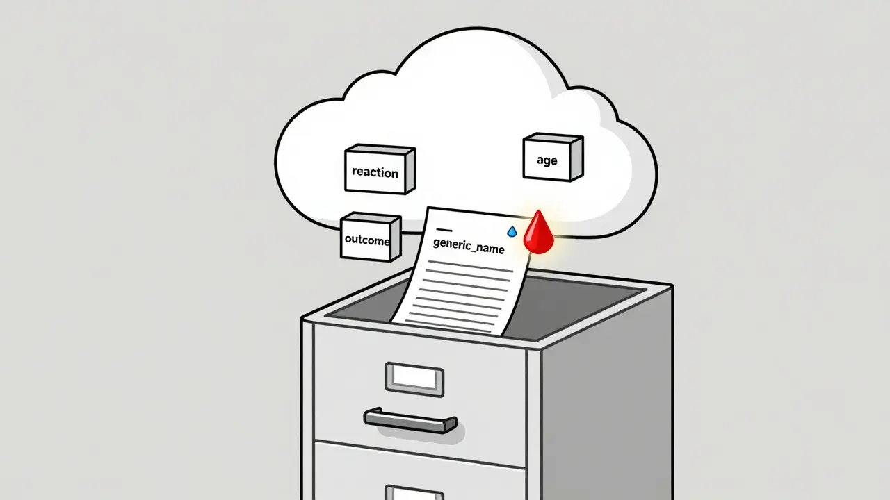 Filing cabinet turning into a cloud of floating JSON data blocks with medical terms and a red alert.