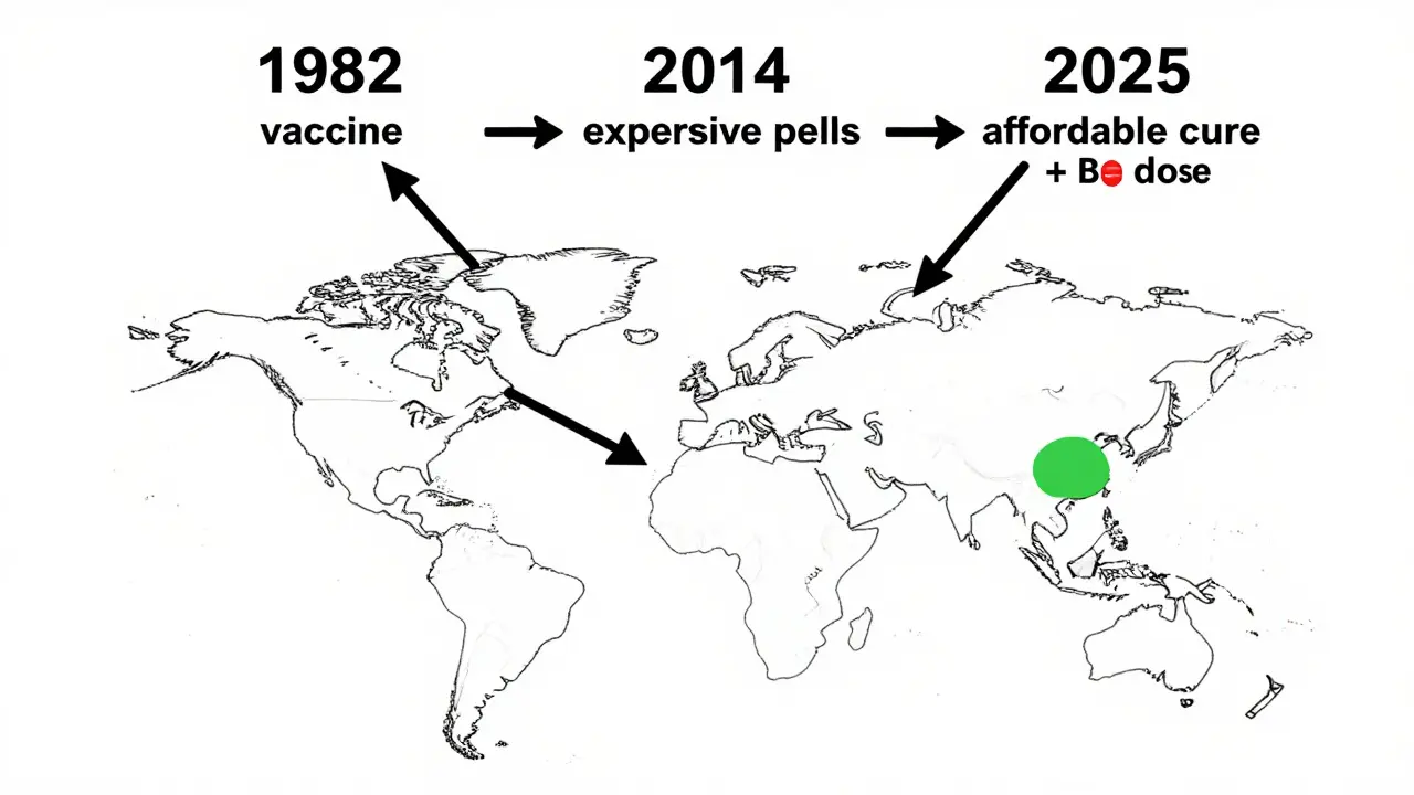 Global map with transmission arrows and timeline of hepatitis B and C milestones.