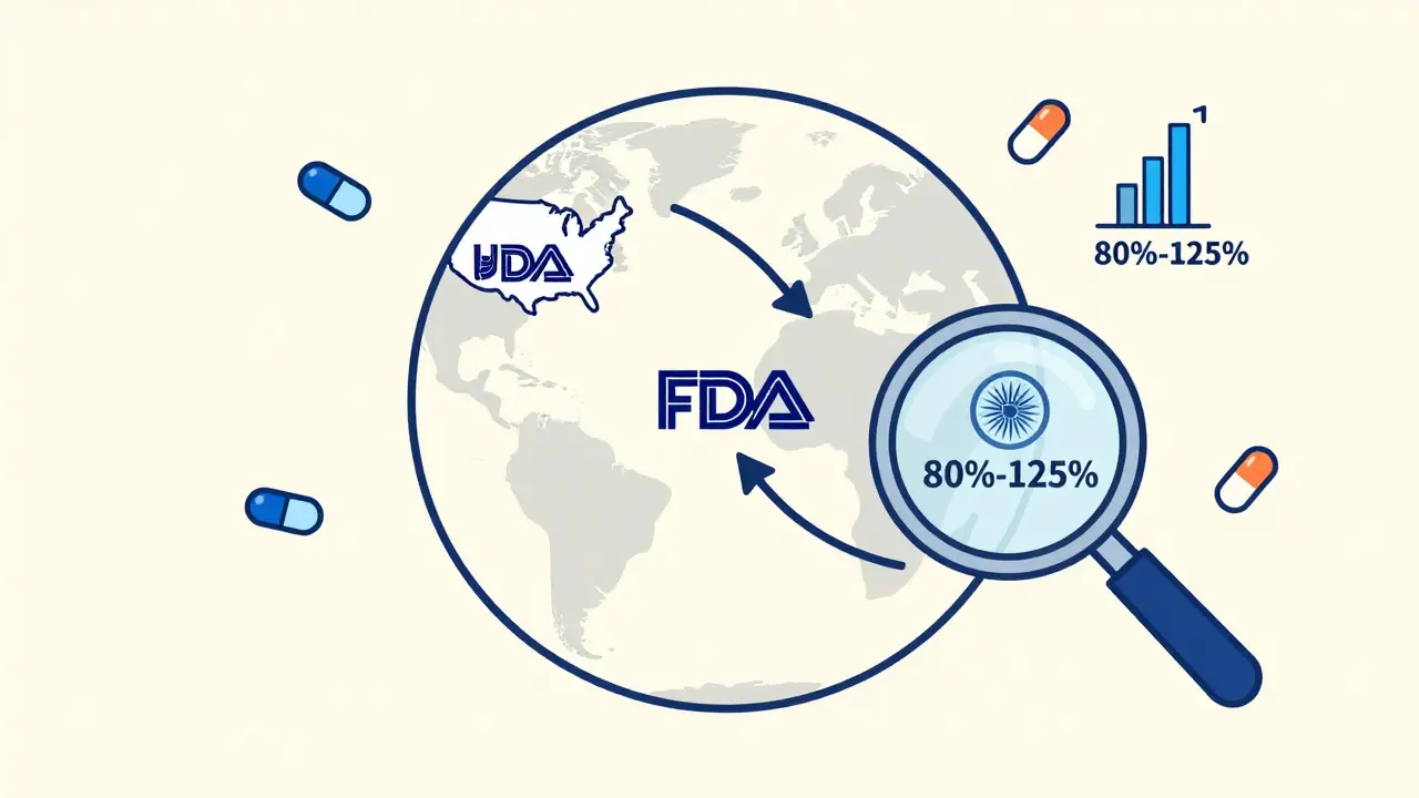 Globe with connected countries and pills symbolizing global drug standards.