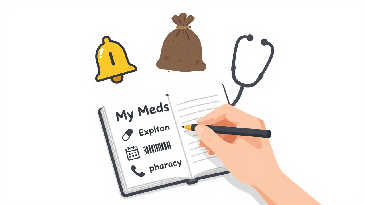 Hand writing medication details in a logbook with icons for lot number, expiration, and pharmacy.