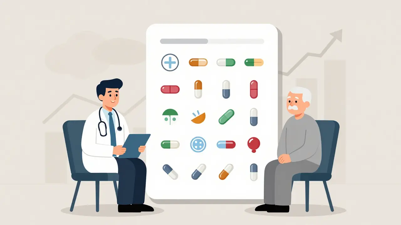 Healthcare team explaining generic medications using illustrated pill comparison card.