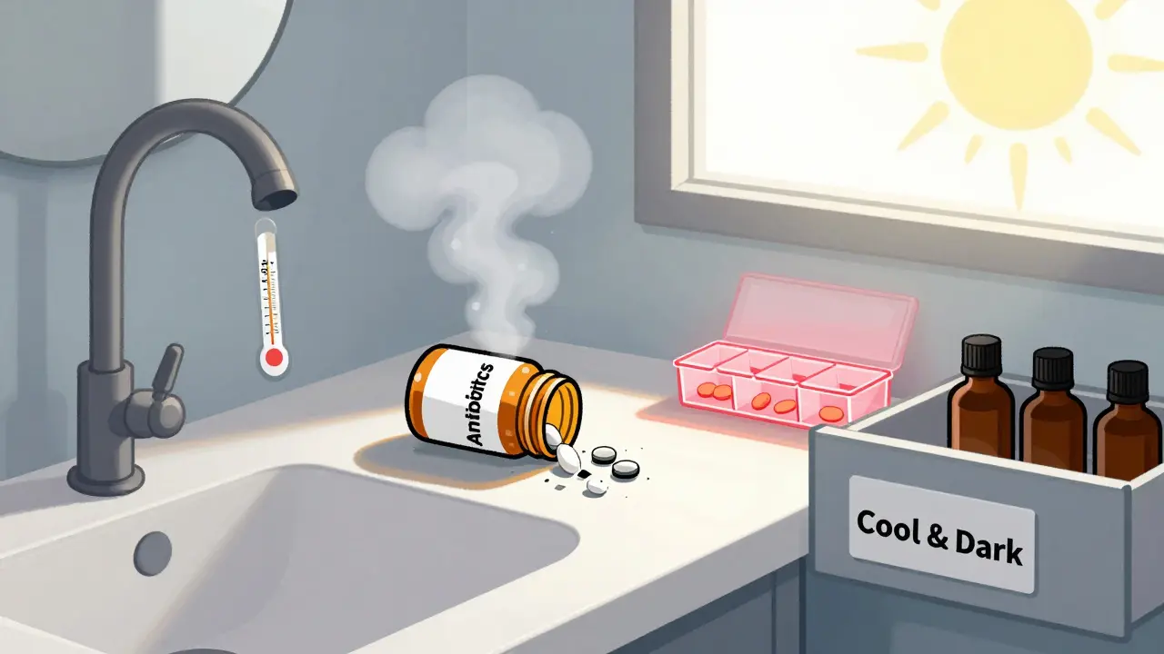 Humid bathroom counter with crumbling antibiotics and high heat, contrasting with a cool, dark storage drawer.