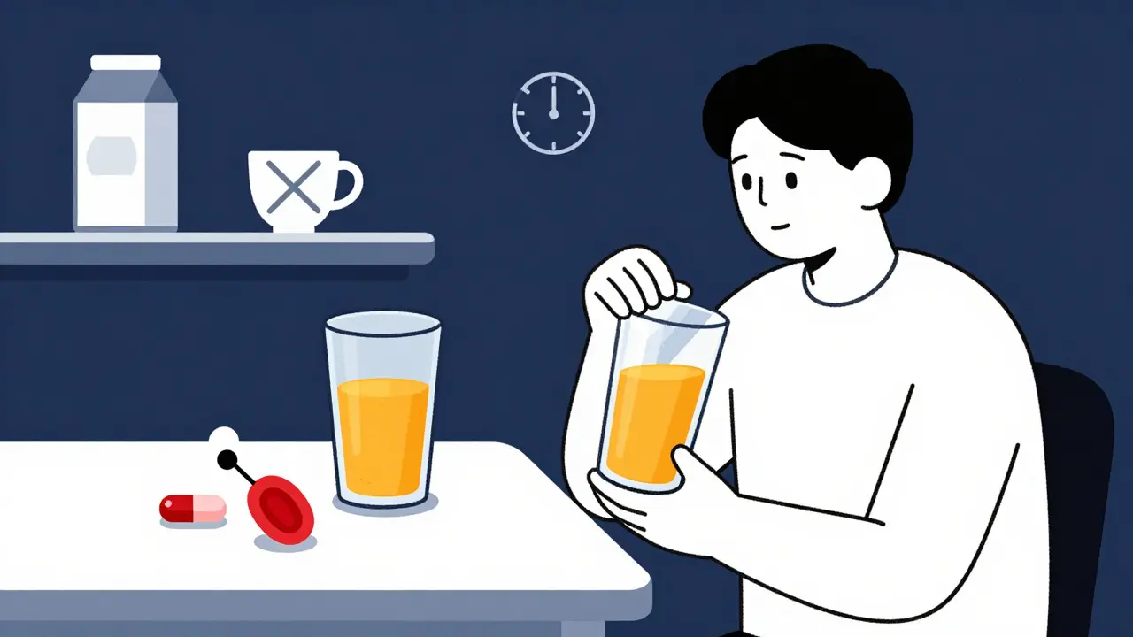 Iron supplement taken with orange juice at night, while heartburn medication is delayed.