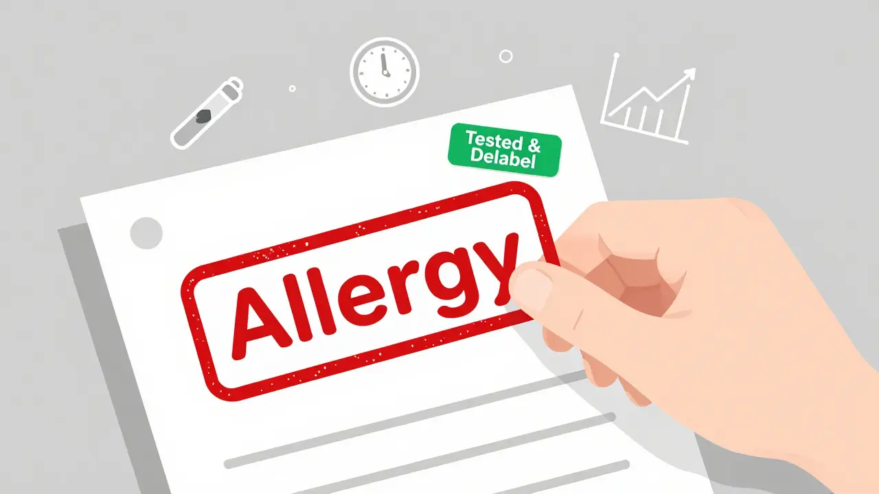 Medical chart with allergy label being replaced by a delabeled status after testing.
