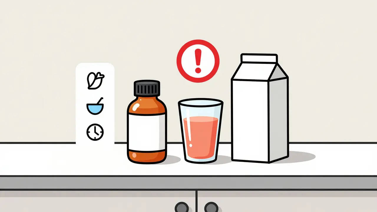 Medicine bottle next to grapefruit juice and milk with a warning symbol above.