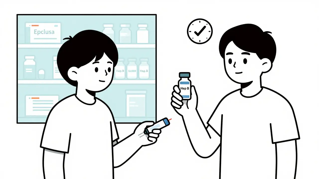 Person getting a rapid hepatitis test with pills and vaccine symbols nearby.