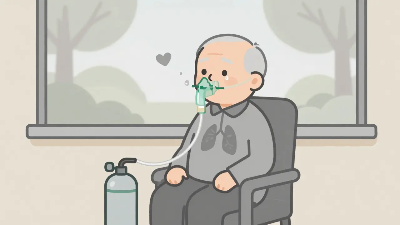 Person on chair with oxygen tank, window showing distant park, minimalist illustration.