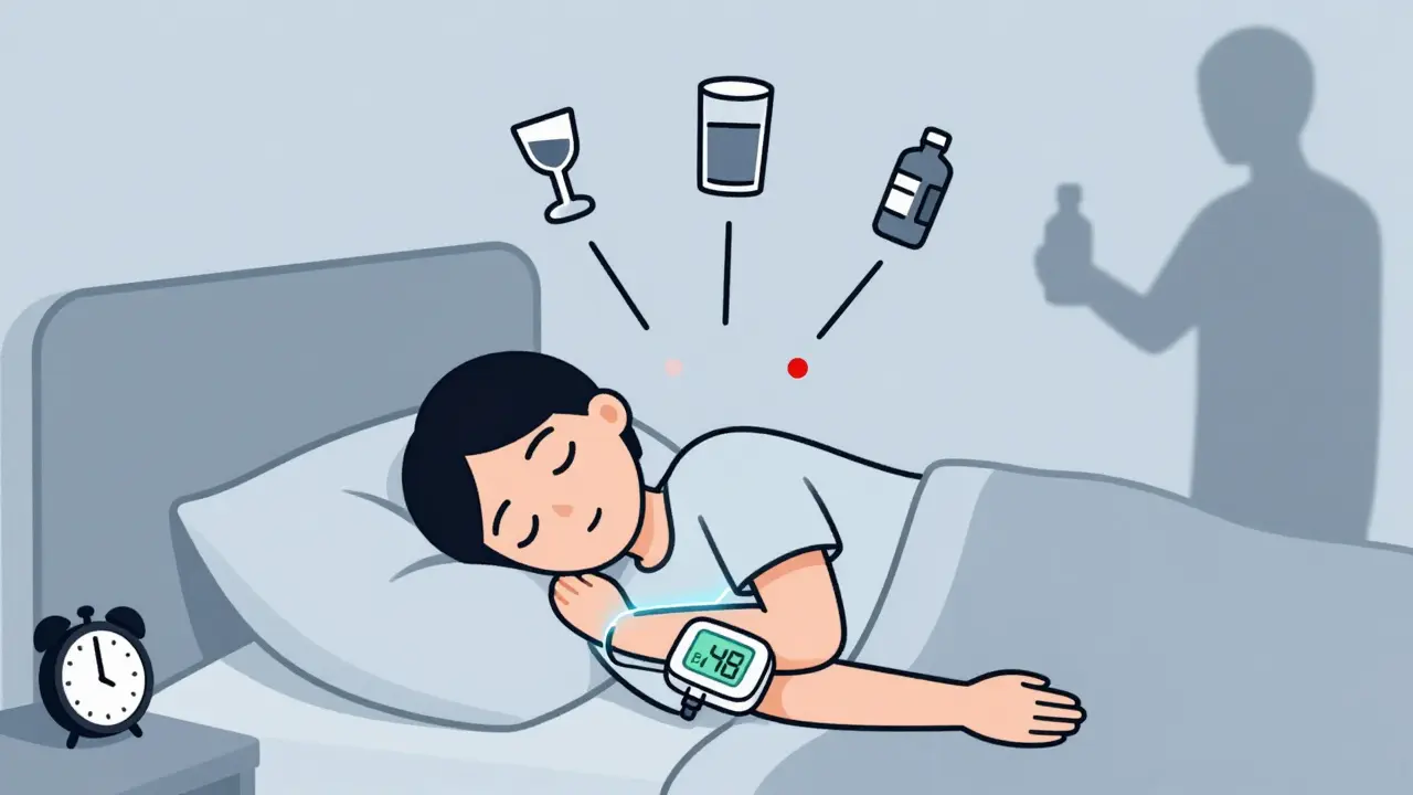 Person sleeping with CGM showing low blood sugar, alcohol and meds pulling down as alarm reads 3 a.m.