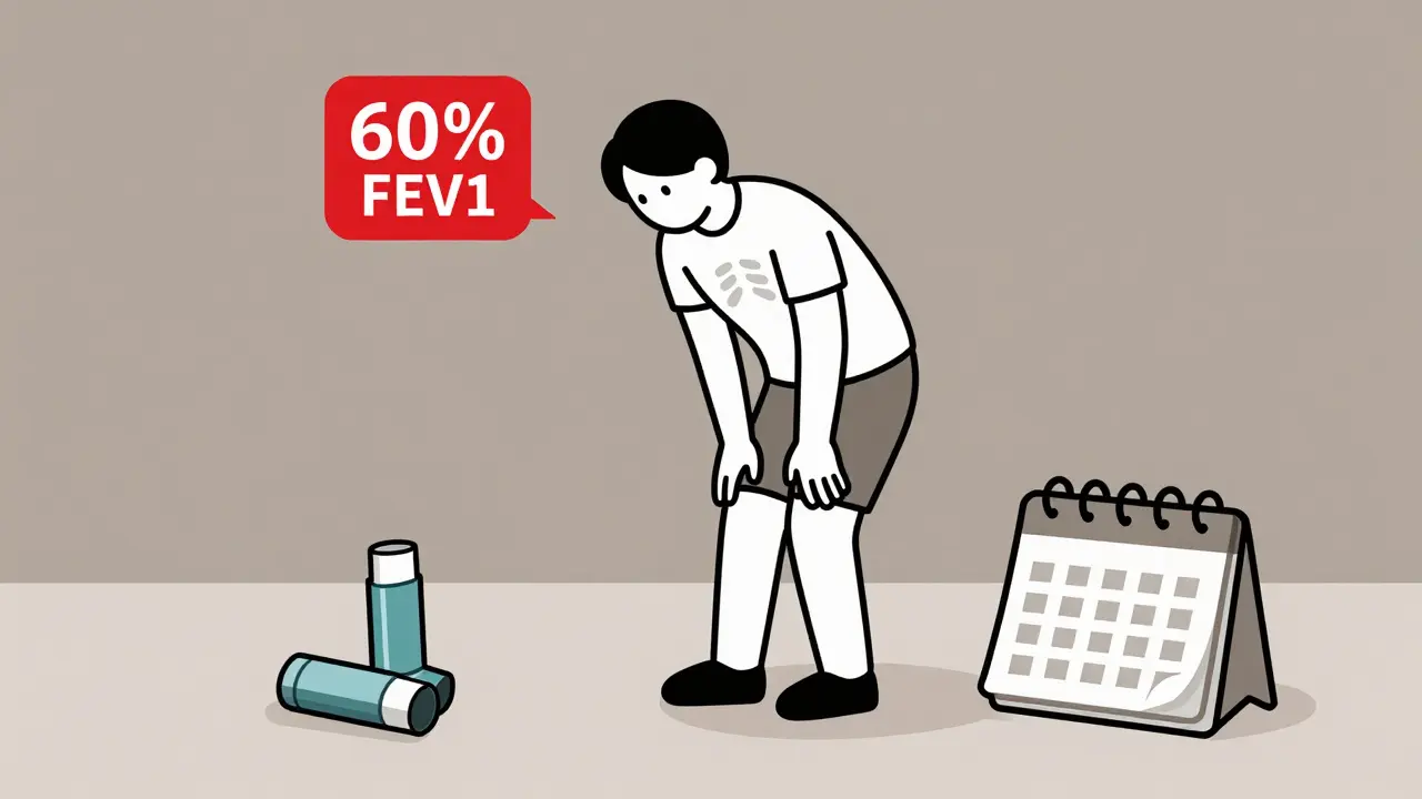 Person stopping to catch breath on flat ground with inhalers and flu shot calendar nearby.