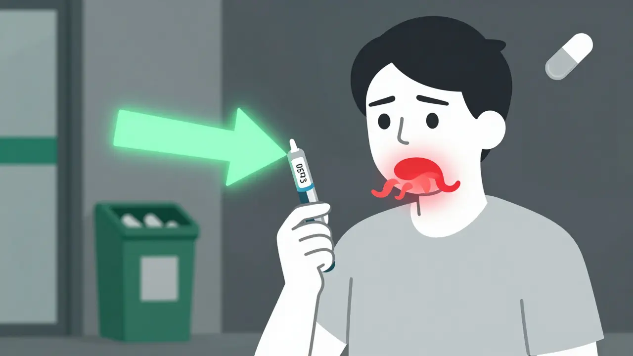 Person using an expired EpiPen during allergic reaction, with a drug disposal bin visible in the background.