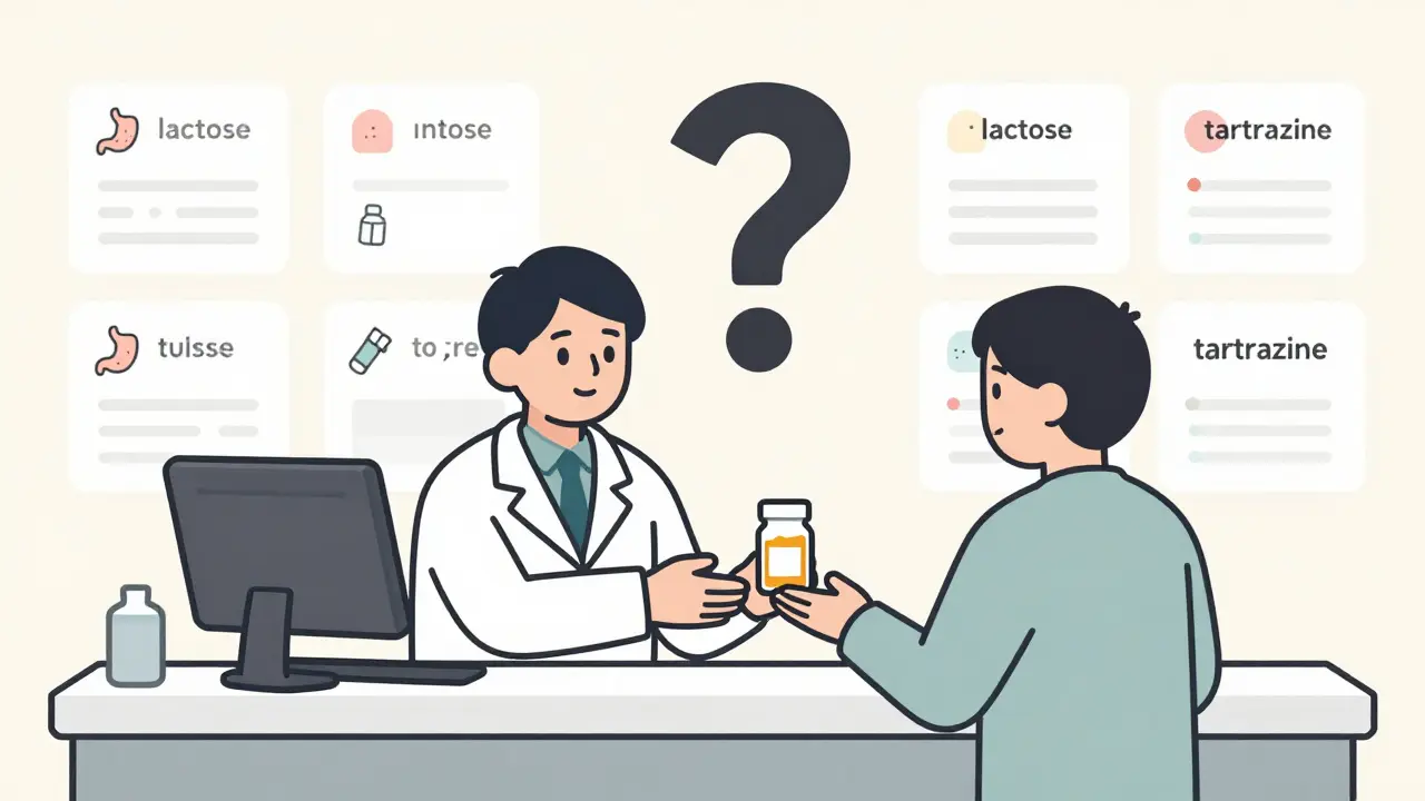 Pharmacist giving pill bottle while excipient risks appear as icons above medication labels
