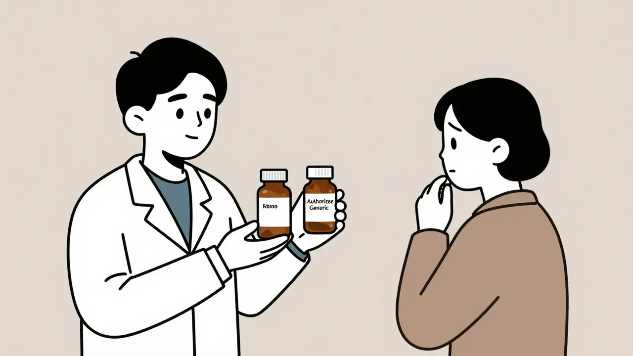 Pharmacist showing a patient an authorized generic medication.