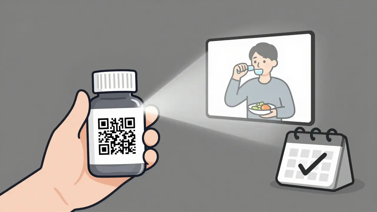 Pill bottle with QR code projecting a simple video guide on how to take medication.