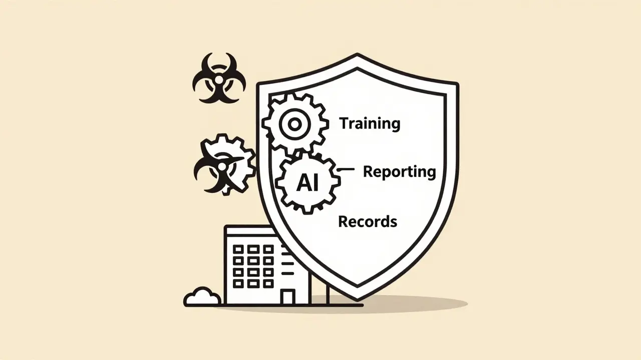 Shield of compliance gears protecting a small business from hazards