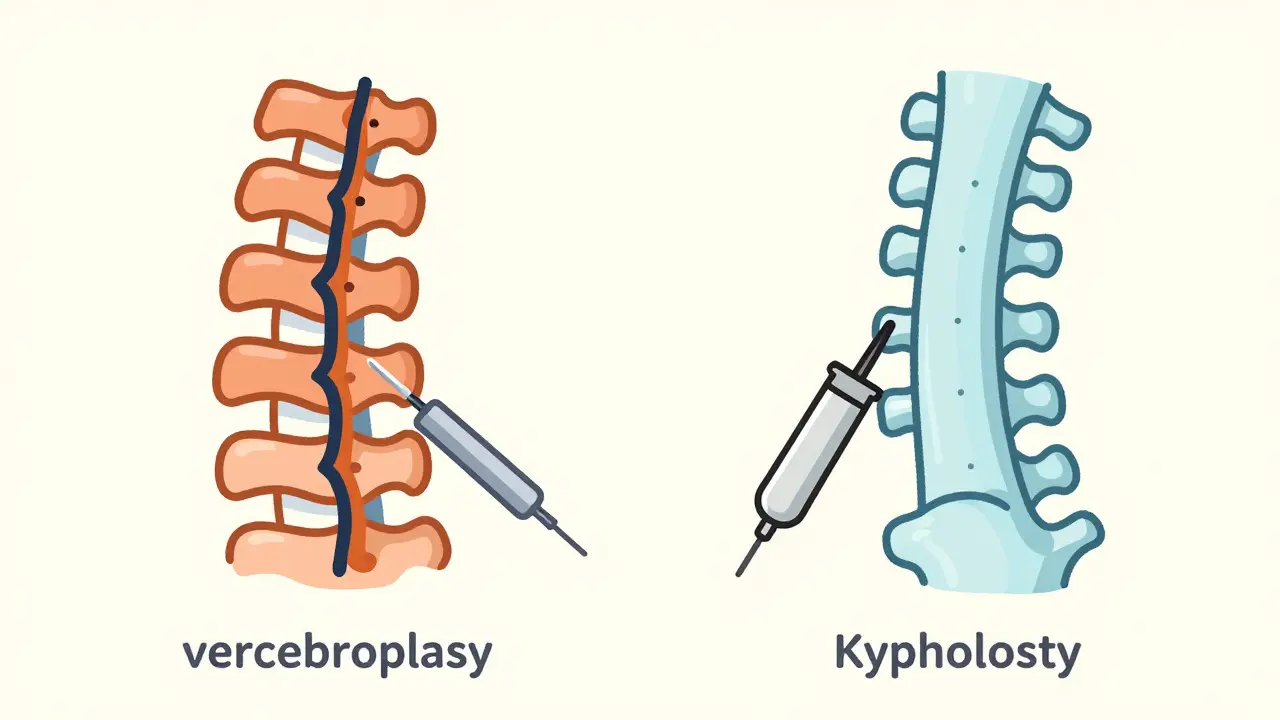 Side-by-side minimalist illustration comparing vertebroplasty and kyphoplasty techniques on a spine.