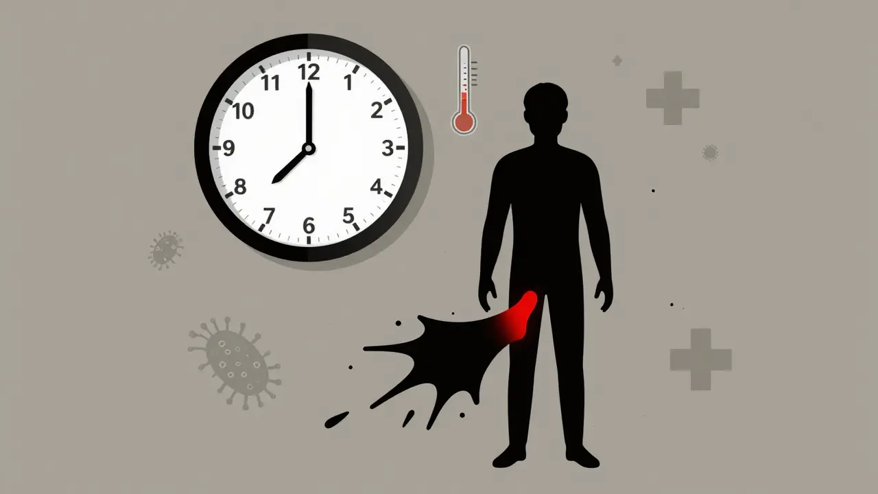 Silhouette with spreading black infection and emergency icons beside a clock