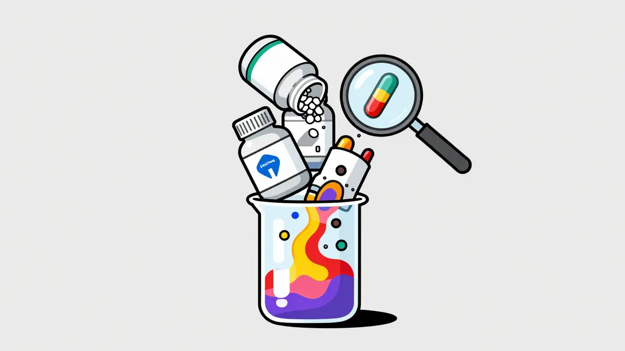 Stack of generic medicine bottles spilling different chemical fillers into a beaker